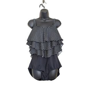 Swim 365 Plus Size 16W Black White Polka Dot Ruffle Top One Piece Swimsuit
